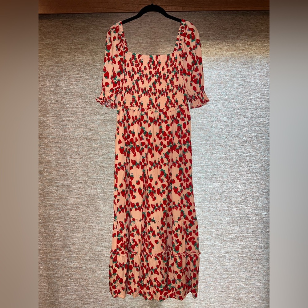 Betsey Johnson Strawberry Fields Bardot Collar Puff Sleeve Maxi Dress Size M